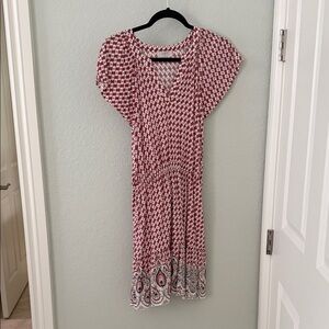 LOFT Red and White Geometric Midi Dress